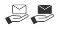 Open palm envelope icon. Receive a letter symbol. Sign hand and messege vector