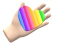 An open palm holding a rainbow painted heart with colorful diagonal stripes against a white backdrop Royalty Free Stock Photo