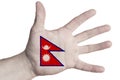 Open palm with the image of the flag of Nepal. Multipurpose concept Royalty Free Stock Photo