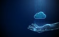 Open palm with streams of blue digital points rising upward and a cloud icon. Data flow, information processing, AI Royalty Free Stock Photo