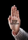 Open palm, text and closeup to stop oppression for human rights, art solidarity for equality by black background. Hand