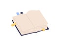 Open paper book with empty pages and colorful bookmarks vector illustration. Colored notebook with stickers isolated on