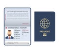 Open passport. Id document male photo page legal sample international passport vector template Royalty Free Stock Photo