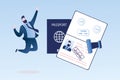 Open passport with stamp -accepted, happy businessman with visa approved