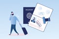 Open passport with stamp -accepted, happy traveller with luggage and smartphone