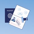 Open passport with stamp -accepted, visa approved,crossing the border concept