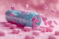 Open pastel blue medical pill with many hearts falling out. Royalty Free Stock Photo