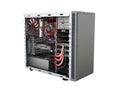 open PC case with internal parts motherboard cooler video card p