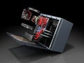 Open PC case with internal parts motherboard cooler video card p