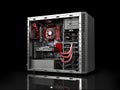 open PC case with internal parts motherboard cooler video card p