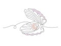 Open pearl shell. Continuous one line drawing of an oyster mollusk. Modern minimalist badge icon or logo with abstract