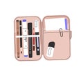 Open pencil box with different school supplies. Case of pens, crayons, markers, eraser. Drawing, writing tools. Kit of