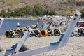 Open perspective shot of small yacht sailboat wheels on beach at Lesvos, Petra