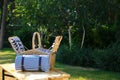 Open picnic basket with blanket on wooden table in green park