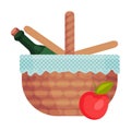 Open picnic basket with a bottle inside. Vector illustration on a white background. Royalty Free Stock Photo