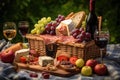 open picnic basket with sandwiches, fruits and wine