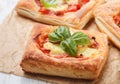 Open pies puff pastry with tomato, mozzarella, onion and Basil Royalty Free Stock Photo