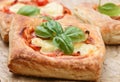 Open pies puff pastry with tomato, mozzarella, onion and Basil