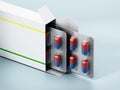 Open pill box with capsules isolated on green background. 3D illustration Royalty Free Stock Photo