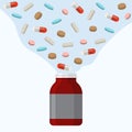 Open pills bottle with many different multi colored pills tablets spilling out above it vector illustration. Drugs flow Royalty Free Stock Photo