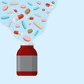 Open pills bottle with many different multi colored pills tablets spilling out above it vector illustration. Drugs flow Royalty Free Stock Photo