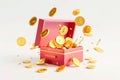 Open pink box overflowing with shiny gold coins inside. Generative AI