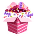 Open pink gift box exploding with colorful confetti Royalty Free Stock Photo