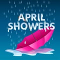 Open pink umbrella in puddles with rain and text april showers