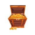 Open pirate chest full of golden coins. Shiny treasures in old wooden box. Symbol of wealth riches. Cartoon flat vector Royalty Free Stock Photo