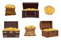 Open pirate chest. Wooden realistic vintage chest and textile sack full of golden coins money and treasures decent