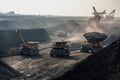 open-pit coal mine with massive mining trucks and equipment in the foreground Royalty Free Stock Photo