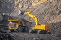 Open pit mine industry, excavator loading coal on big yellow mining truck for anthracite Royalty Free Stock Photo
