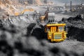 Open pit mine industry. Excavator work loading of coal into Yellow mining truck