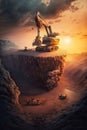 Open Pit Mining Operation at Sunset with an Excavator Mining a Wall. Generative ai