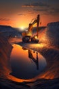 Open Pit Mining Operation at Sunset with an Excavator Mining a Wall. Generative ai