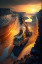 Open Pit Mining Operation at Sunset with an Excavator Mining a Wall. Generative ai