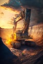 Open Pit Mining Operation at Sunset with an Excavator Mining a Wall. Generative ai