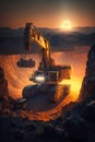 Open Pit Mining Operation at Sunset with an Excavator Mining a Wall. Generative ai