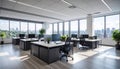Open Plan Office with Multiple Workstations and Panoramic City Views Through Windows interior Royalty Free Stock Photo