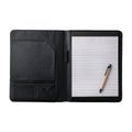 Open planner, business organizer in leather cover with pen. Black leather journal cover. Realistic, photography Royalty Free Stock Photo