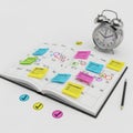 Open planner with colorful sticky notes and alarm clock Royalty Free Stock Photo
