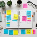 Notes in various colors pink blue yellow are attached to the Royalty Free Stock Photo