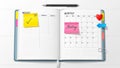 A yellow sticky note checkmarked. The right page displays a monthly Royalty Free Stock Photo