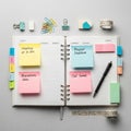 An open planner with a week layout shows colorful sticky notes Royalty Free Stock Photo