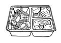 Open plastic food container with three sections. Top view with pasta, fruits and vegetables