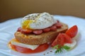 Open poached egg and sandwich with meat, bread, feta cheese, tomato on brown background