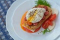 Open poached egg, sausage, tomato, feta cheese, dill, bread - fast snack