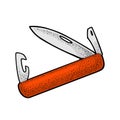 Open pocket jackknife with folding blades. Vector engraving