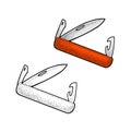 Open pocket jackknife with folding blades. Vector engraving