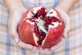 Open pomegranate in woman's hands.